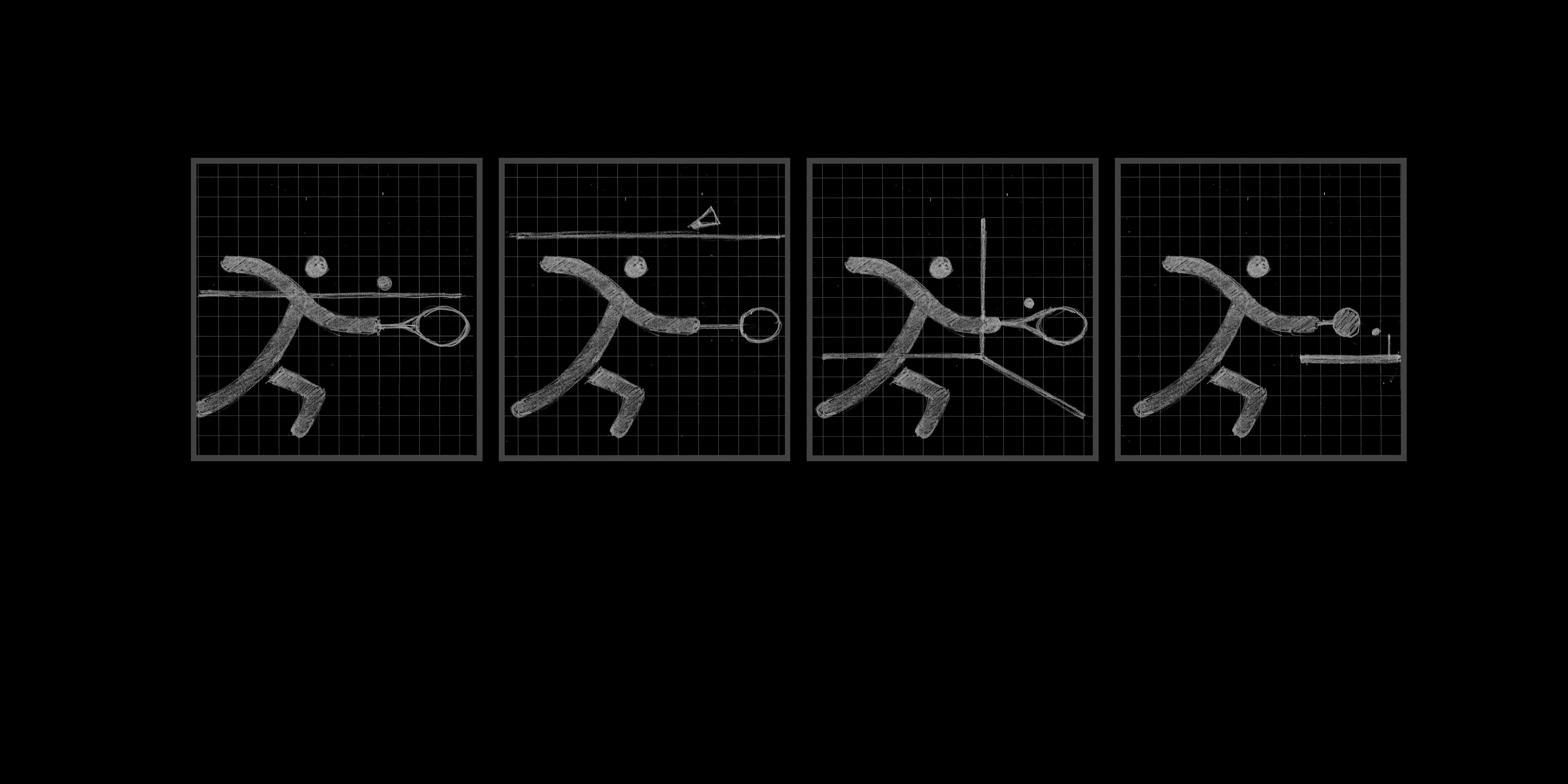 Vier Piktogramme derselben Figur; je nach Linie wird daraus Tennis, Badminton, Squash oder Tischtennis